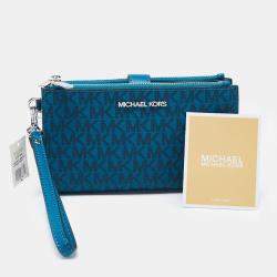 Pre Owned Michael Kors Teal Signature Coated Canvas Jet Set Travel Zip Wristlet Wallet