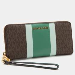 Pre Owned Michael Kors Multicolor Signature Coated Canvas Striped Zip Around Wallet