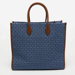 Pre Owned Michael Kors Blue/Brown Signature Denim and Leather Large Mirella Tote