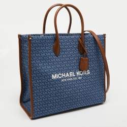 Pre Owned Michael Kors Blue/Brown Signature Denim and Leather Large Mirella Tote