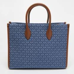 Pre Owned Michael Kors Blue/Brown Signature Denim and Leather Medium Mirella Tote