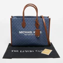 Pre Owned Michael Kors Blue/Brown Signature Denim and Leather Medium Mirella Tote