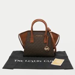 Pre Owned Michael Kors Brown/Tan Signature Canvas and Leather Small Avril Satchel