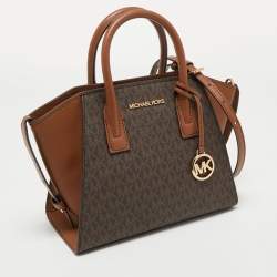 Pre Owned Michael Kors Brown/Tan Signature Canvas and Leather Small Avril Satchel
