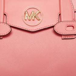 Pre Owned Michael Kors Pink Faux Leather Medium Carmen Belted Flap Satchel