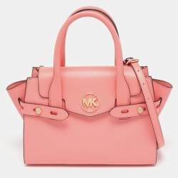 Pre Owned Michael Kors Pink Faux Leather Medium Carmen Belted Flap Satchel