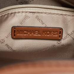Pre Owned Michael Kors Brown/Beige Logo Jacquard Fabric and Faux Leather Small Mirella Tote