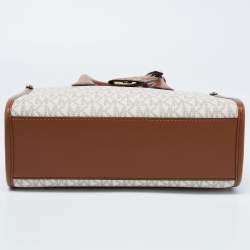 Pre Owned Michael Kors Brown/Beige Logo Jacquard Fabric and Faux Leather Small Mirella Tote