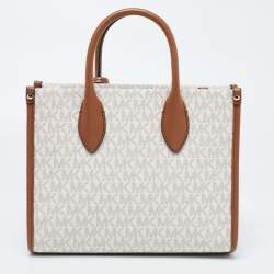 Pre Owned Michael Kors Brown/Beige Logo Jacquard Fabric and Faux Leather Small Mirella Tote