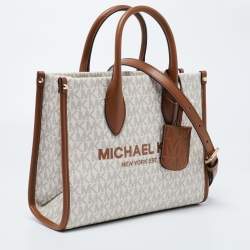 Pre Owned Michael Kors Brown/Beige Logo Jacquard Fabric and Faux Leather Small Mirella Tote