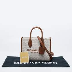 Pre Owned Michael Kors Brown/Beige Logo Jacquard Fabric and Faux Leather Small Mirella Tote