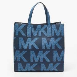 Pre Owned Michael Kors Navy Blue Signature Coated Canvas Large Kenly North South Tote