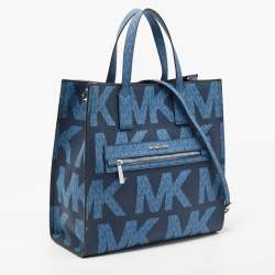Pre Owned Michael Kors Navy Blue Signature Coated Canvas Large Kenly North South Tote
