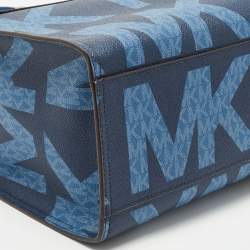 Pre Owned Michael Kors Navy Blue Signature Coated Canvas Large Kenly North South Tote