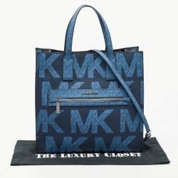 Pre Owned Michael Kors Navy Blue Signature Coated Canvas Large Kenly North South Tote