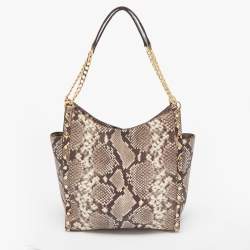 Pre Owned Michael Kors Beige Python Embossed Leather Medium Newbury Tote