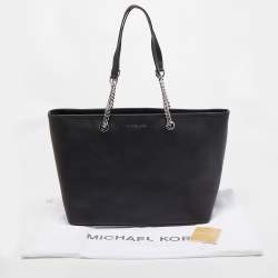 Pre Owned Michael Kors Black Leather Medium Jet Set Travel Chain Tote