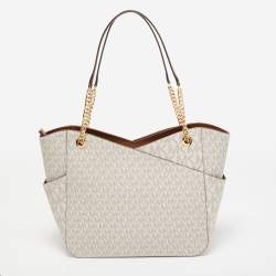 Pre Owned Michael Kors Off White Signature Coated Canvas Large Jet Set Chain Tote