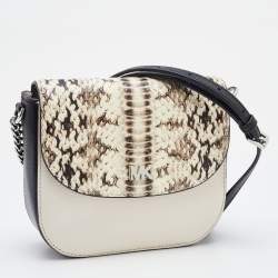 Pre Owned Michael Kors Cream/Black Leather and Python Effect Leather Half Dome Crossbody Bag 