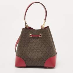 Michael Kors Magenta/Dark Brown Signature Coated Canvas and Leather Small Mercer Bucket Bag 