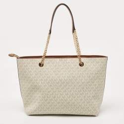 مملوكة مسبقًا Michael Kors White/Brown Signature Coated Canvas and Leather Large Front Zip Chain Tote
