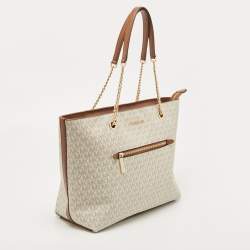 مملوكة مسبقًا Michael Kors White/Brown Signature Coated Canvas and Leather Large Front Zip Chain Tote