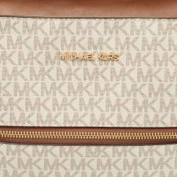 مملوكة مسبقًا Michael Kors White/Brown Signature Coated Canvas and Leather Large Front Zip Chain Tote