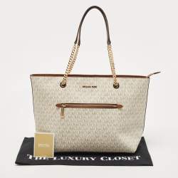 مملوكة مسبقًا Michael Kors White/Brown Signature Coated Canvas and Leather Large Front Zip Chain Tote