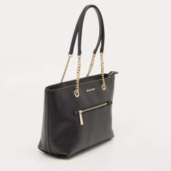 Pre Owned Michael Kors Black Leather Medium Front Zip Chain Tote