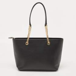 Pre Owned Michael Kors Black Leather Medium Front Zip Chain Tote