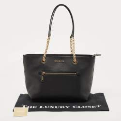 Pre Owned Michael Kors Black Leather Medium Front Zip Chain Tote