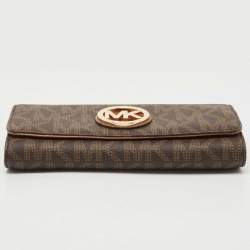 Pre Owned Michael Kors Beige/Brown Signature Coated Canvas Fulton Flap Continental Wallet