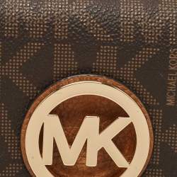 Pre Owned Michael Kors Beige/Brown Signature Coated Canvas Fulton Flap Continental Wallet