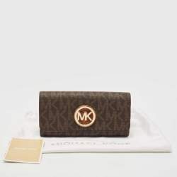 Pre Owned Michael Kors Beige/Brown Signature Coated Canvas Fulton Flap Continental Wallet