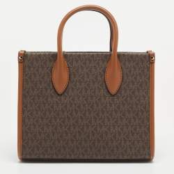 Pre Owned Michael Kors Brown/Tan Signature Coated Canvas and Leather Small Mirella Tote