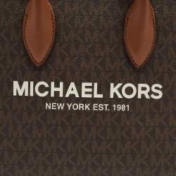 Pre Owned Michael Kors Brown/Tan Signature Coated Canvas and Leather Small Mirella Tote