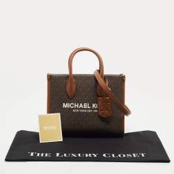 Pre Owned Michael Kors Brown/Tan Signature Coated Canvas and Leather Small Mirella Tote