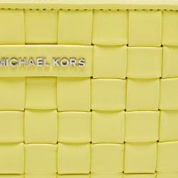Pre Owned Michael Kors Yellow Intrecciato Leather Zip Around Compact Wallet