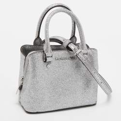 Pre Owned Michael Kors Silver Glitter Fabric XS Savannah Satchel