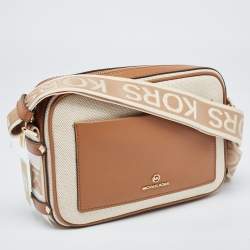 Pre Owned Michael Kors Beige/Tan Canvas And Leather Maeve Crossbody Bag
