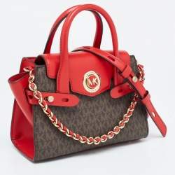 Pre Owned Michael Kors Red/Brown Signature Coated Canvas and Leather Extra Small Carmen Satchel