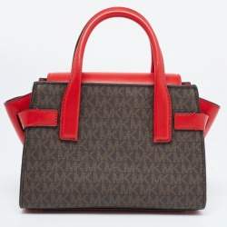 Pre Owned Michael Kors Red/Brown Signature Coated Canvas and Leather Extra Small Carmen Satchel