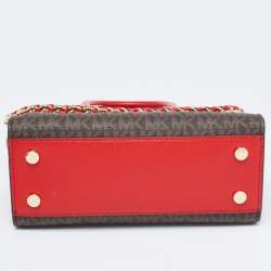 Pre Owned Michael Kors Red/Brown Signature Coated Canvas and Leather Extra Small Carmen Satchel