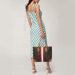 Pre Owned Michael Kors Brown Signature Coated Canvas and Leather Large Logo Stripe Eva Tote