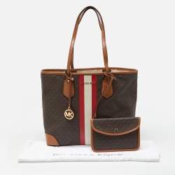 Pre Owned Michael Kors Brown Signature Coated Canvas and Leather Large Logo Stripe Eva Tote