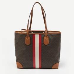 Pre Owned Michael Kors Brown Signature Coated Canvas and Leather Large Logo Stripe Eva Tote