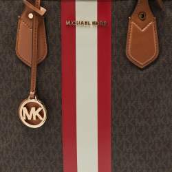 Pre Owned Michael Kors Brown Signature Coated Canvas and Leather Large Logo Stripe Eva Tote
