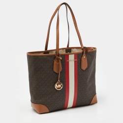 Pre Owned Michael Kors Brown Signature Coated Canvas and Leather Large Logo Stripe Eva Tote