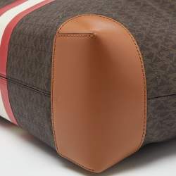Pre Owned Michael Kors Brown Signature Coated Canvas and Leather Large Logo Stripe Eva Tote