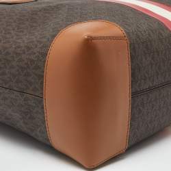 Pre Owned Michael Kors Brown Signature Coated Canvas and Leather Large Logo Stripe Eva Tote